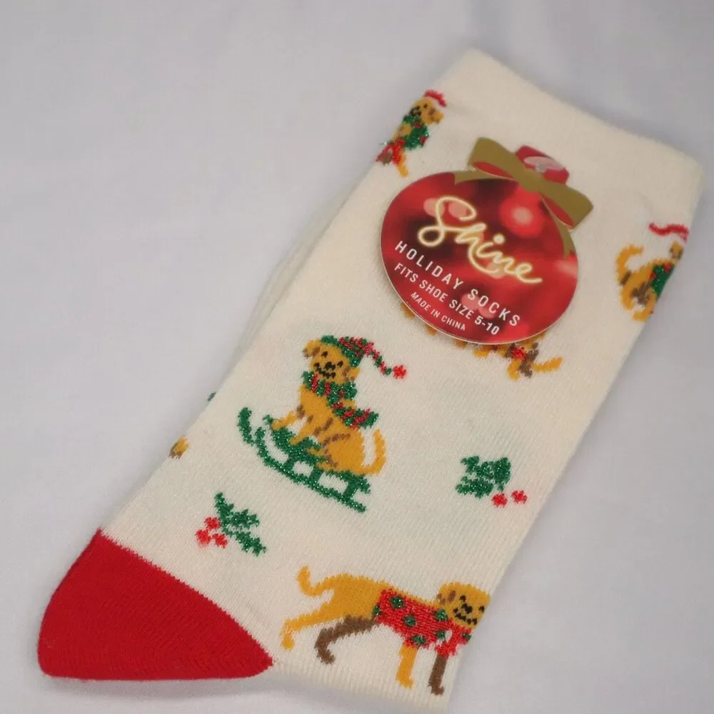 Dog on Sleigh Holiday Socks NEW Size 5-10 Shine